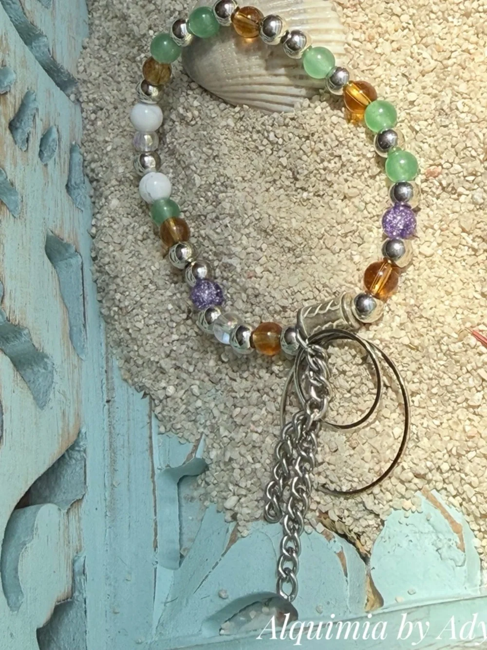 GEMSTONES Green, Amber, White & Purple Beaded Bracelet with Silver Tassel